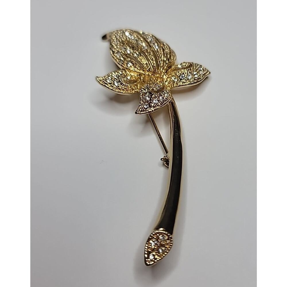Vintage Gold Tone Orchid Napier Brooch with Rhinestones